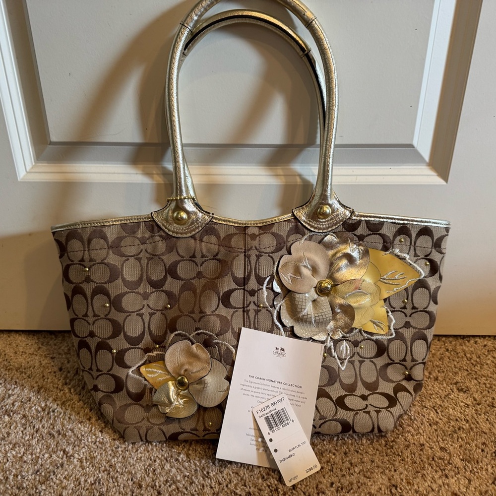 Coach Brown and Gold Floral Tote Bag